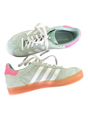 Adidas Mint Green Suede Hazelle Sneakers with White Stripes and Pink Accent